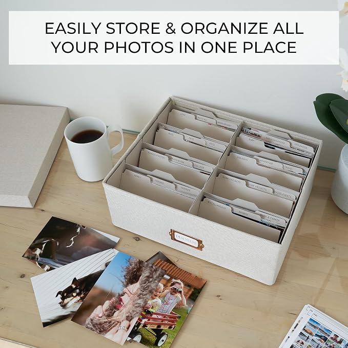 ZICOTO Decorative Photo Storage Box - Sturdy Linen Photo Organizer with Dividers is Perfect to Store up to 1700 Pictures and 4x6 Photos - Portable Scrapbook Storage Containers with Lid