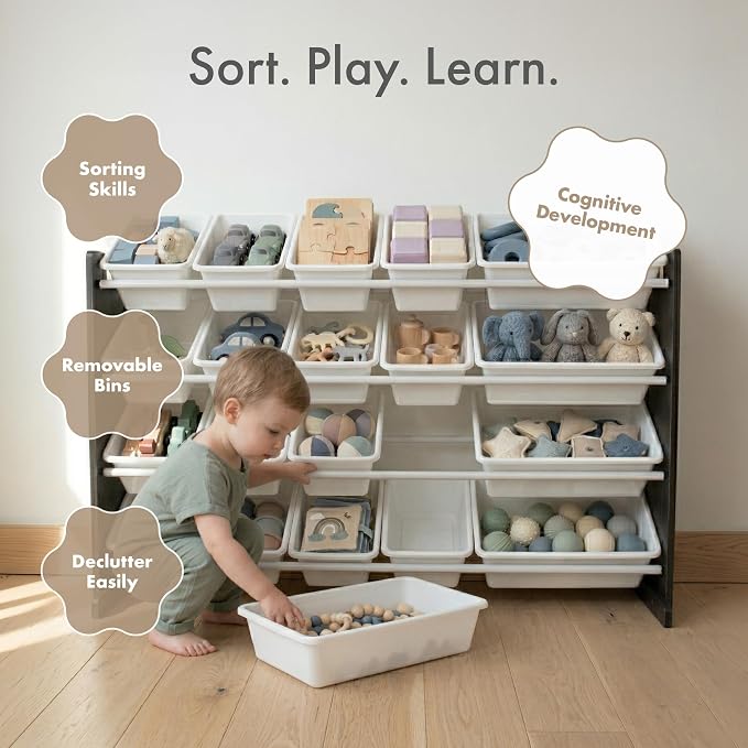Humble Crew Kids Toy Organizer with 20 Bins, 4 Tier Storage for Playroom | Sturdy wood and steel toddler shelf, removable BPA-free containers, wall anchor anti-tip safety kit for bedroom or classroom