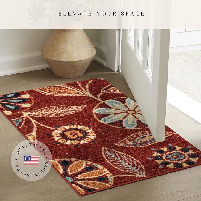 Maples Rugs Reggie Floral Kitchen Rug - Made in USA - Washable, Non Slip Indoor Carpet for Entryway, Foyer, Kitchen, and Bathroom, 1'8 x 2'10, Merlot