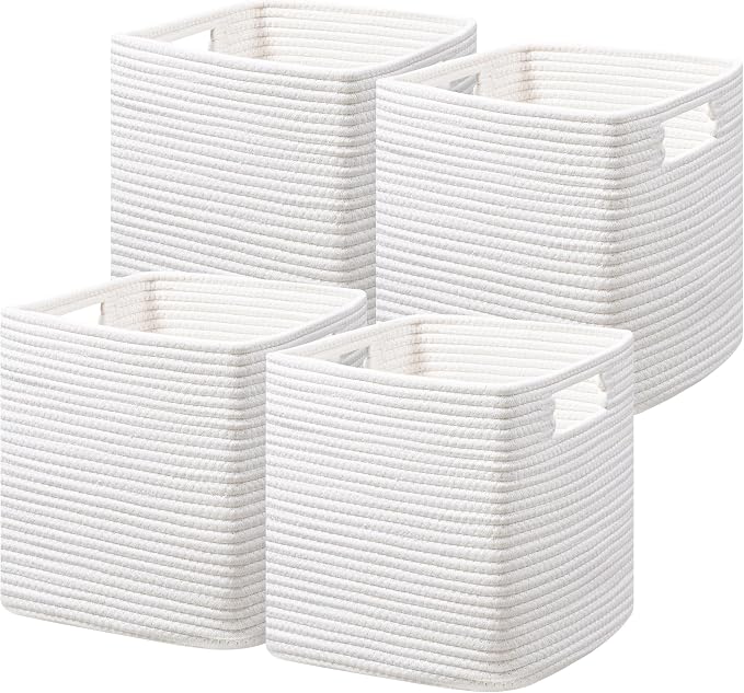 UBBCARE Storage Cubes 11 Inch, Cotton Rope Woven Baskets for Organizing, Cube Storage Bin for Baby Nursery, 4-Pack Square Toy Storage Baskets for Shleves Organizer, Closet, Kidsroom, White