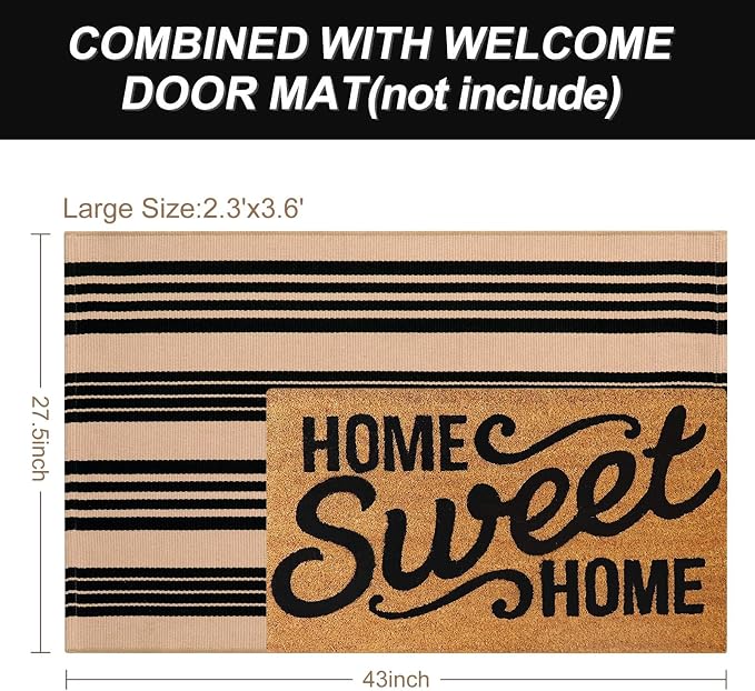 LEEVAN 2.3'X3.6' Black and Tan Striped Woven Cotton Reversible Outdoor Rug | Small Machine Washable Front Porch Rug, Entryway Door Mat, Indoor Layering Carpet for Farmhouse Bathroom Laundry