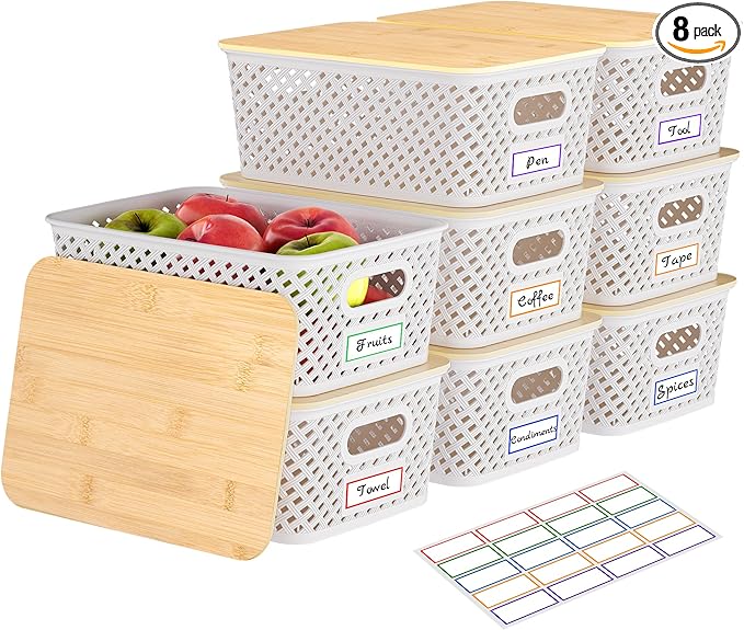 Anysig 8 Pack Plastic Storage Bins with Bamboo Lids, 5.2 QT Stackable Bins | Decorative Small Storage Basket Containers for Organizing Shelves Office Classroom Desktop Closet, Cream White