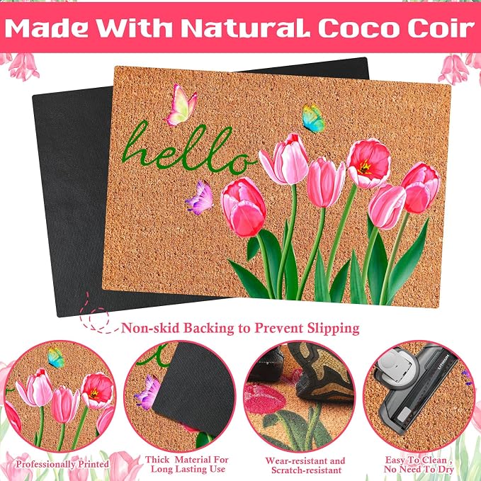 Ceenna Spring Welcome Coir Doormat Outdoor Hello Spring Front Door Mat Tulip Butterfly Coir Doormat with Non Slip Backing February Romantic Mat Front Porch Rugs for Home Entrance, 16 x 28 Inches