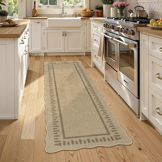 LIVEBOX Scalloped Washable 2x6 Runner Rug, Easy Jute Outdoor Rug Kitchen Tan Rugs for Entryway Hallway, Indoor Non Slip Rugs Farmhouse Geometric Modern Carpet for Laundry Room Bedroom Door Mat Porch