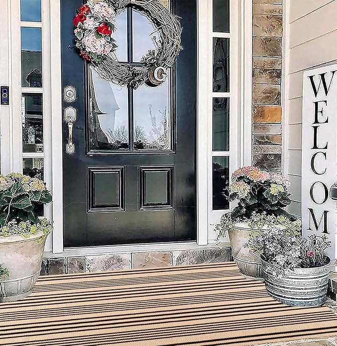 BUAGETUP Outdoor Rug 3'x 5',Tan Striped Washable Area Rug Hand-Woven Cotton Rug Indoor/Outdoor Area Rug Floor Mat for Farmhouse Living Room Bedroom
