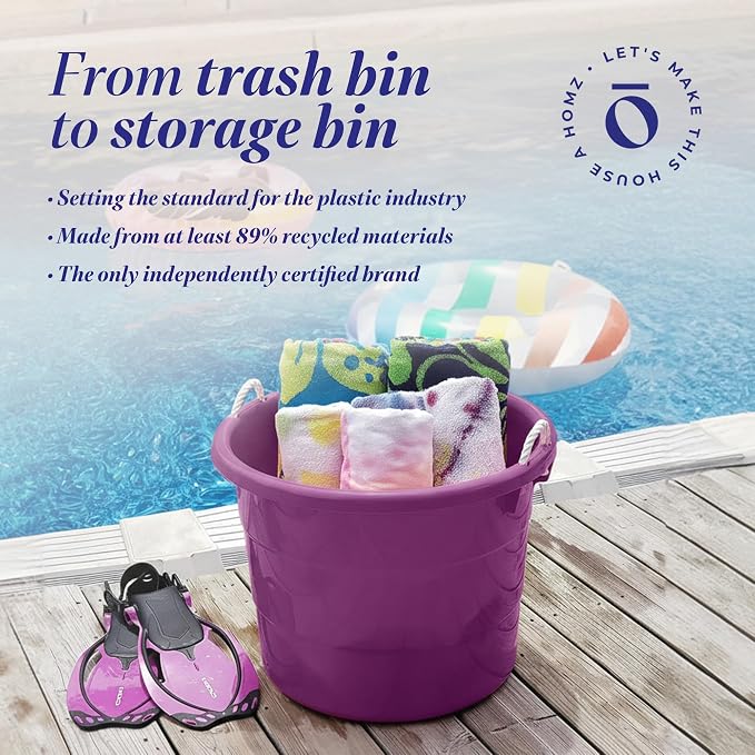 Homz 2 Pack of 17 Gallon Storage Buckets, Durable Plastic Containers, Sturdy Rope Handles, Large Tubs for Sports Equipment, Party Cooler, Gardening, Toys and Laundry, Orchid