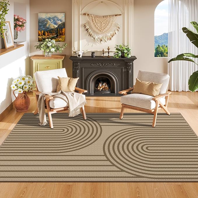 Faux Jute Area Rug, 4' x 6' Washable Rug, Brown Farmhouse Ultra-Thin Non-Slip Carpet for Outdoor, Bedroom, Dining Room, Backyard, Home Decor