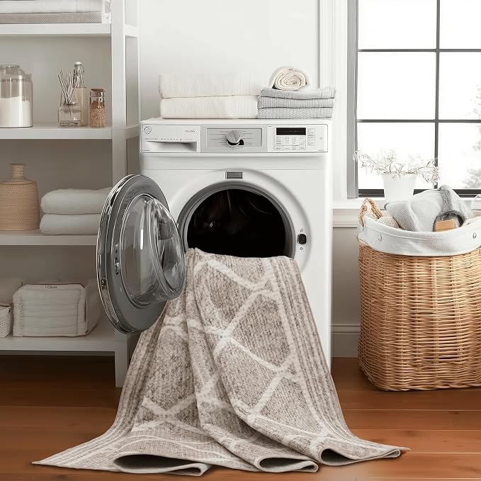 ReaLife Rugs Machine Washable Area Rug Runner - Living Room Bedroom Bathroom Kitchen Entryway Office - Padded Low Pile Stain Resistant Premium - Boho Modern Farmhouse - Tessa - Beige Ivory 3' x 5'