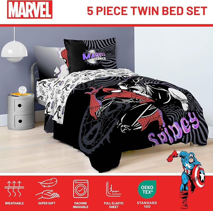 Marvel Comics Spiderman Twin Comforter Set 5 Piece Bedding for Boys, Black | Venom, Bed in a Bag, Comforter Sheets Sham Pillowcase, Official Product, Soft Microfiber, Machine Washable, Boys Gift
