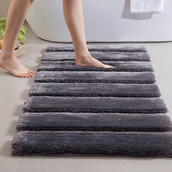 Madison Park Tufted Pearl Channel Absorbent Bathroom Rugs Non Slip Washable Bath Mat Shaggy Rugs For Bathroom Bedroom Plush Runner Rug Machine Wash Rubber Back Grey 24x58" 1 piece