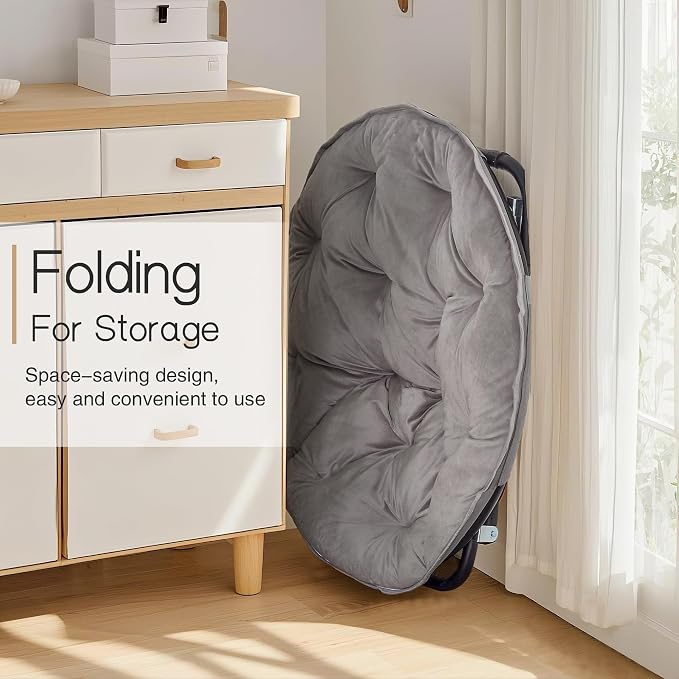 VECELO Saucer Chair for Adults, Folding Moon Chair with Metal Frame, Faux Fur for Bedroom, Living Room, Dorm Room, Apartment, Grey