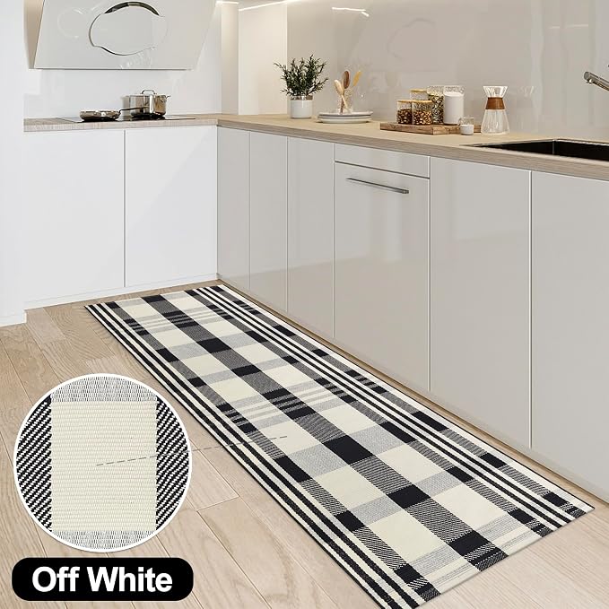 Buffalo Plaid Runner Rug Black and Off White 2x6 Hallway Runner Rug Cotton Woven Rug Farmhouse Checkered Runner Rug Washable Runners for Entryway Kitchen Laundry Room Bedroom Living Room