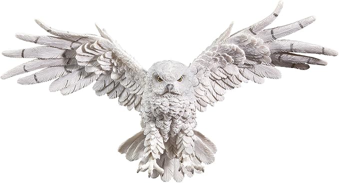 Design Toscano Mystical Snowy Owl Bird Indoor/Outdoor Wall Frieze Sculpture, Medium, 19 inches wide, 11 inches tall, Cast Stone Resin, White Finish
