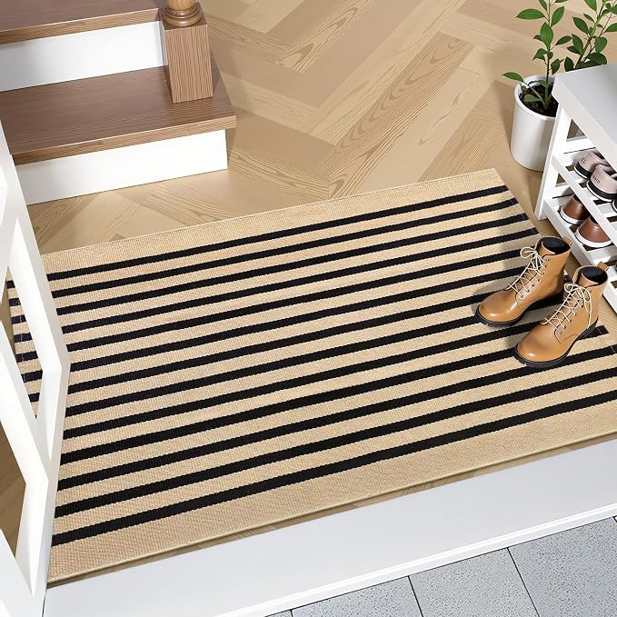 OLANLY Brown and Black Striped Rug 2'4" x 3'7" (27.5" x 43") – Washable Cotton Doormat for Indoor Outdoor Use, Layered Front Porch Rug for Entryway, Kitchen, Patio