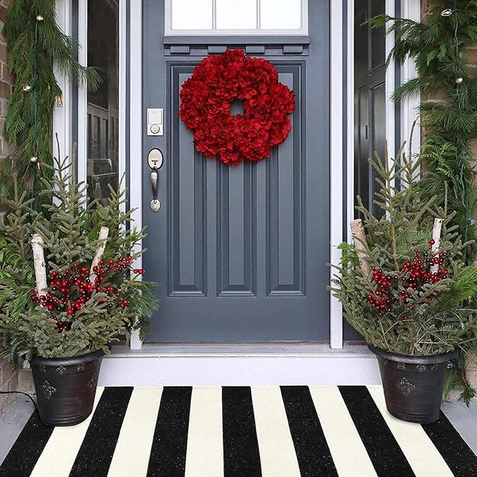 LEEVAN Black and White Striped Door Mat 2'x4' Washable Front Porch Rug Cotton Woven Reversible Rugs Farmhouse Black Outdoor Rug Indoor/Outdoor Welcome Doormat White Entryway Throw Rugs