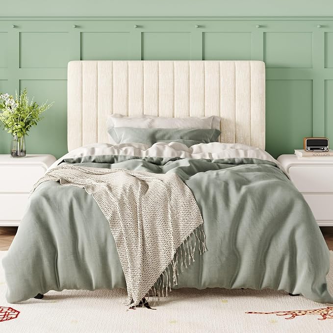 Allewie Twin Bed Frame, Upholstered Platform Bed with Adjustable Vertical Channel Tufted Headboard, Mattress Foundation with Strong Wooden Slats, Box Spring Optional, Easy Assembly, Chenille White