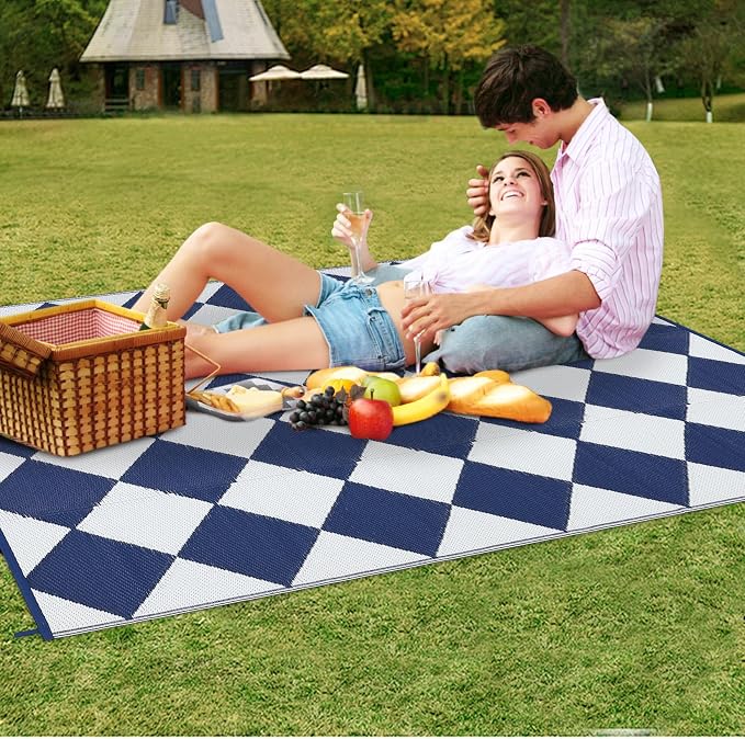 GarveeLife 8x10 Outdoor Rug for Patio Reversible, Plastic Straw Rug Waterproof Camping Rug Portable, Foldable Lightweight Mat for RV, Patio, Backyard, Deck, Picnic, Beach (Dark Blue/White)