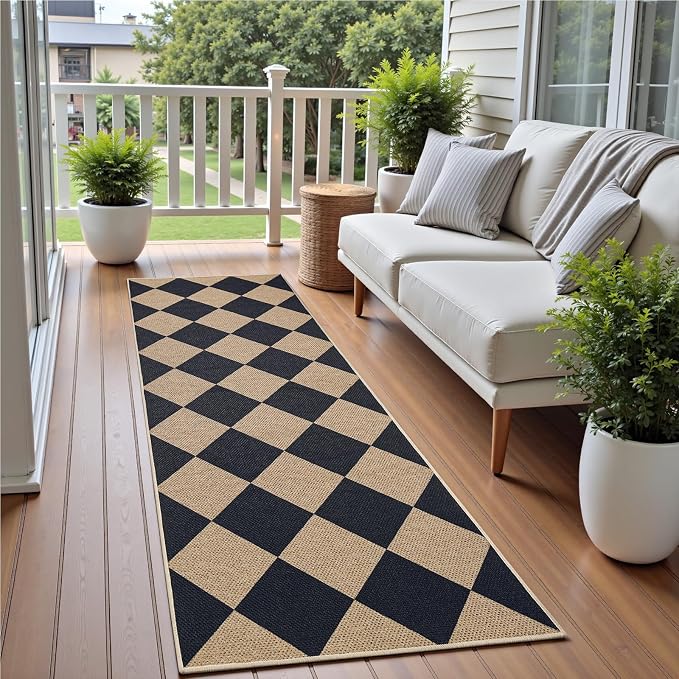 EDIMENS 2x6 Checkered Easy Jute Washable Kitchen Indoor Outdoor Runner Rug | Non Slip Front Door Runner Rug for Laundry Balcony Low Pile Rugs Black Checkerboard Carpet for Hallway 6ft Entry