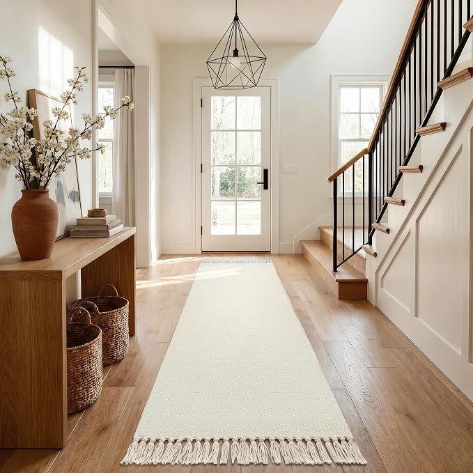 Collive Boho Washable Kitchen Runner Rug, Modern Farmhouse Hallway Runner Rug 2.6' x 8' White Bathroom Rugs, Hand Woven Entry Hall Carpet for Laundry Bedroom Decor