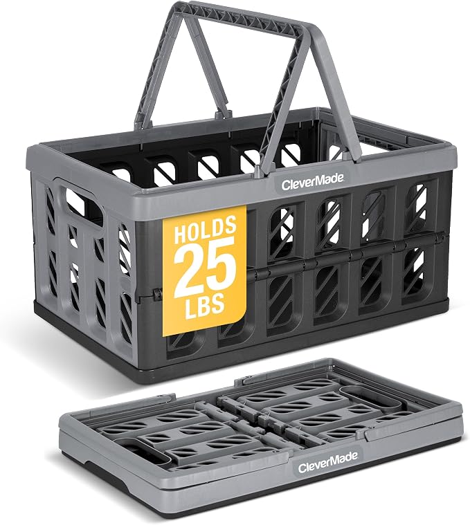 CleverMade Collapsible Shopping Basket, 24L, Stone | Rigid walls protect groceries and supplies. Each basket carries 25 lb, stacks securely, and folds to 2.25 inches.