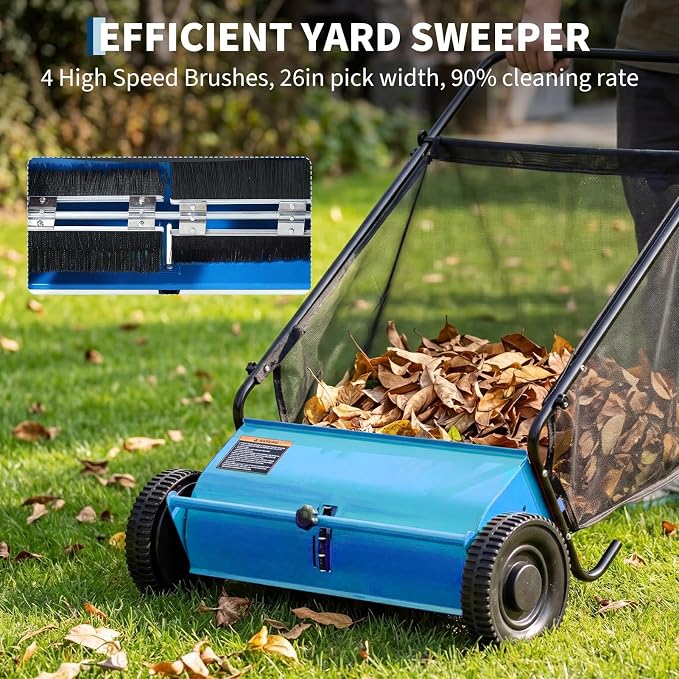 Steel 26 Inch Push Lawn Sweeper with 7 Cu ft Hopper Bag | Walk Behind Heavy Duty Leaf Collector and Yard Sweeper, Adjustable Brush Height for Patio Driveway & Garden Grass