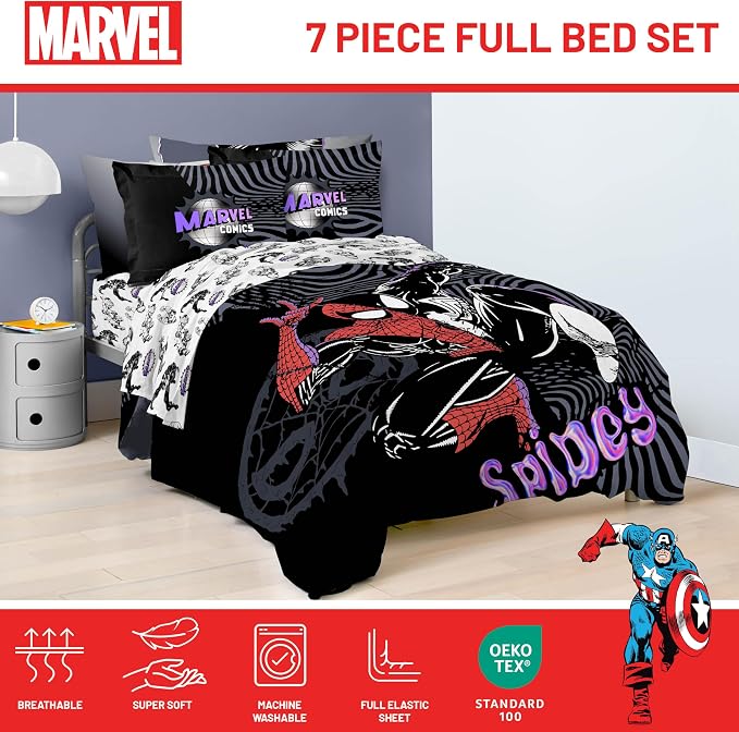 Marvel Comics Spiderman Full Size Comforter Set 7 Piece Bedding, Black | Venom, Bed in a Bag, Comforter Sheets Shams Pillowcases, Official Product, Soft Microfiber, Machine Washable, Boys Gift