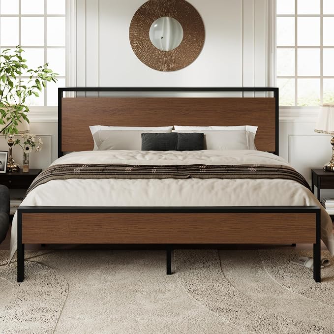 Allewie King Size Bed Frame, Heavy Duty 12 Metal Slats Support, Walnut | Wooden Headboard and Footboard, Modern Platform Bed, No Box Spring Needed, Under-Bed Storage, Noise Free, Easy Assembly