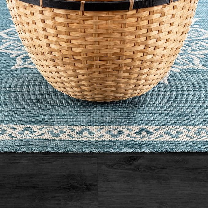 CAMILSON Outdoor Rug 10x14 Medallion Aqua Modern Large Area Rugs for Indoor and Outdoor Patios Kitchen and Hallway Mats Washable Porch Deck Outside Carpet (Medallion Aqua 10 x 14)