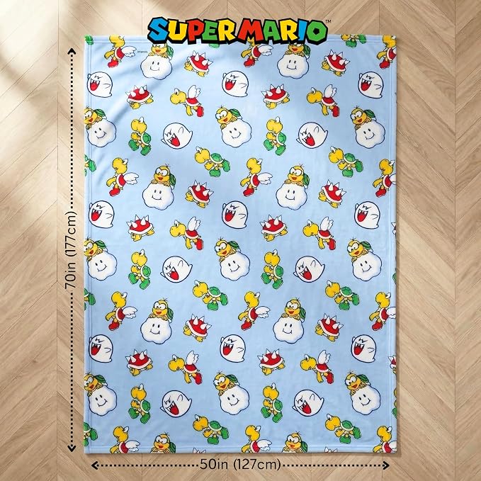 Super Mario Gaming Throw Blanket 70 in x 50 in – Kids Soft Cozy Plush for Couch, Bed & Travel, Featuring Lakitu, Spiny, Boo & Koopa (Officially Licensed Product) by Franco