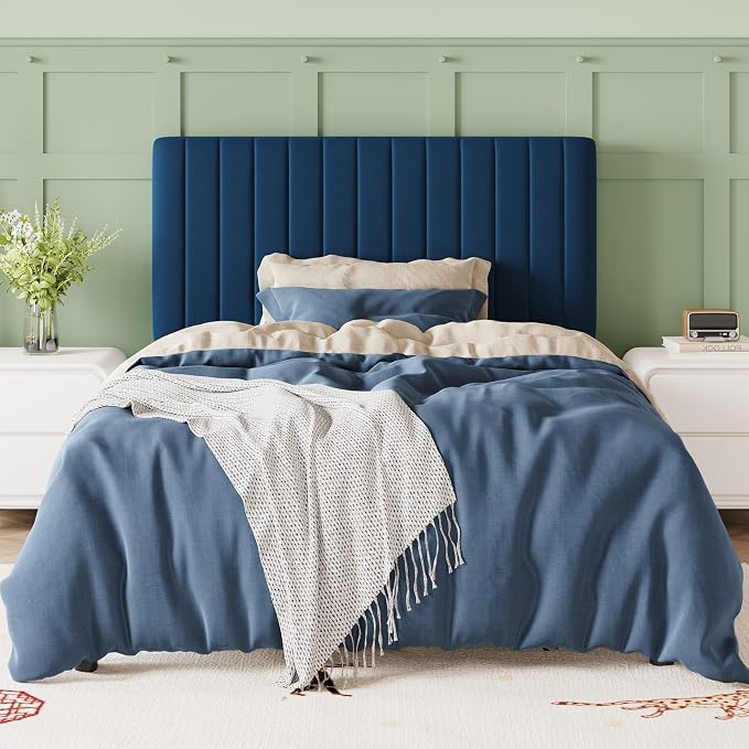 Allewie Twin Bed Frame, Velvet Upholstered Platform Bed with Adjustable Vertical Channel Tufted Headboard, Mattress Foundation with Strong Wooden Slats, Box Spring Optional, Easy Assembly, Navy Blue