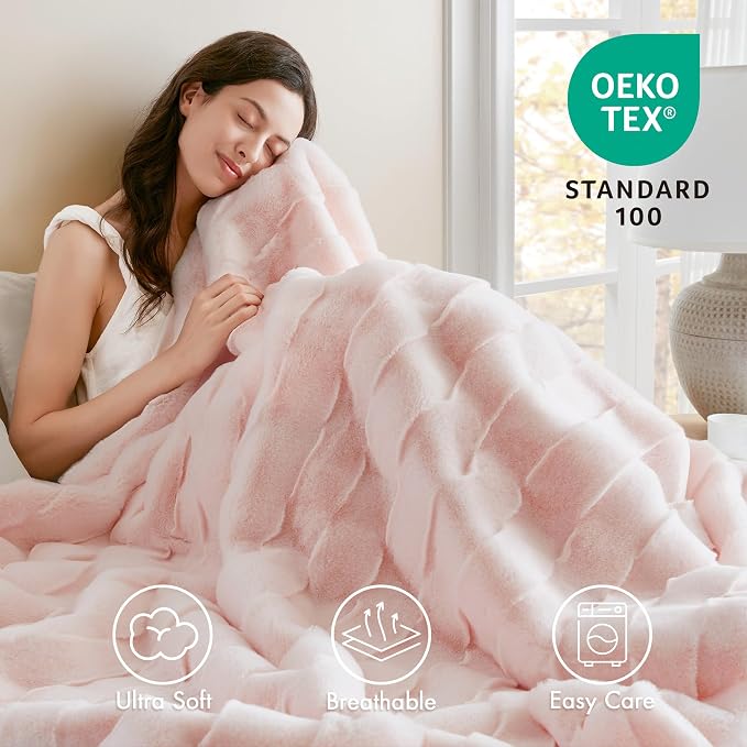 Madison Park Vivienne Faux Fur Throw Blanket Velvet, 50 x 60, Pink | All Season, Cozy Warmth for Sofa or Bed, Reversible, Lightweight, OEKO-TEX Certified