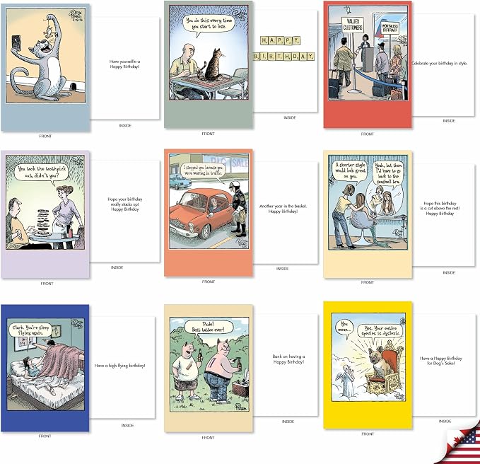 NobleWorks - 36 Assorted Funny Birthday Greeting Cards Bulk Box Set w/Envelopes (36 Designs, 1 Each) engaging B-day Cartoon Humor Bulk Variety Pack for Men and Women - A Bizarro Bash AC9376BDG-B1x36