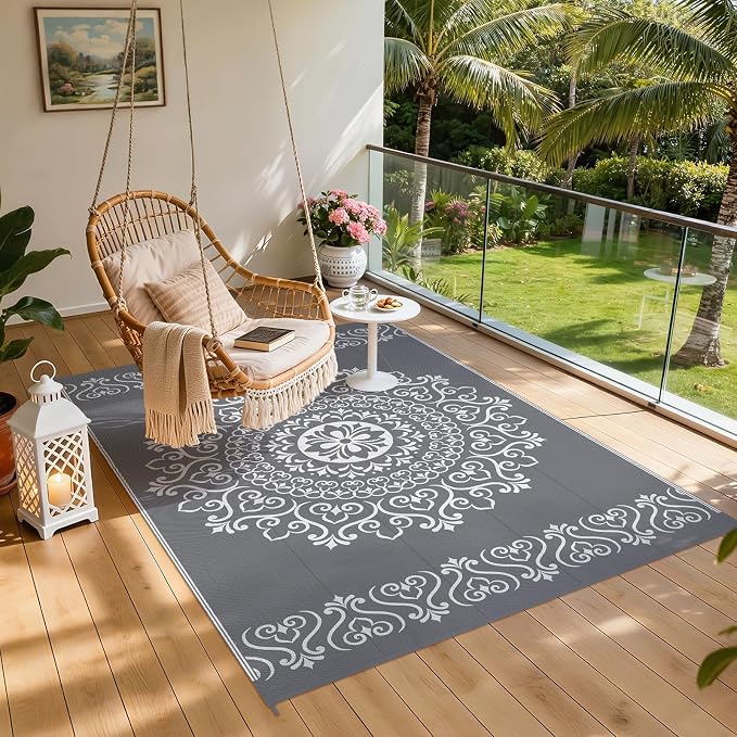 Pauwer Outdoor Rug 6x9, Waterproof Plastic Straw Camping Rug, Floral Grey | Reversible Patio Rug, UV Resistant Indoor Outdoor RV Mat Carpet For Deck, Camper, Porch, Balcony, Backyard, Picnic, Foldable