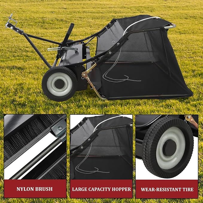 Tow Behind Lawn Sweeper 48" Wide, 26 Cu.Ft Large Hopper Yard Sweeper, Pull Behind Leaf Collector with Adjustable Sweeping Height, Universal Fit for Lawn Tractor & Debris Cleanup