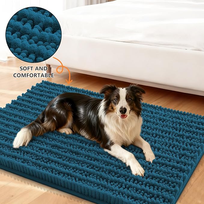 Smiry Dog Door Mat for Muddy Paws 47x17, Absorbent Dirt Trapper, Non-Slip Washable Chenille Entryway Rug for Inside Floor, Atlantic Blue, Layered Pattern