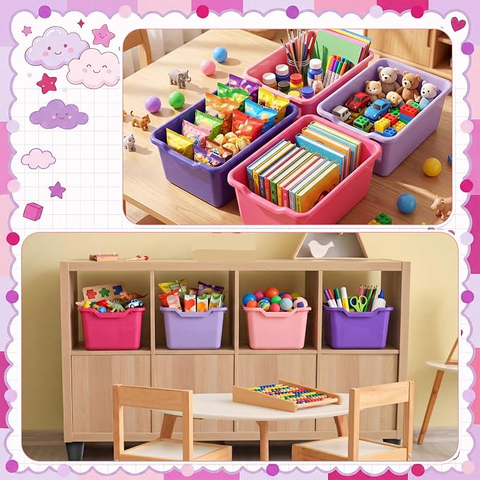 Dandat 16 Pcs Plastic Book Bins for Classroom Library Cubby Bins Scoop Front Stackable Toy Storage Tubs Containers for School Office Home Nursery Playroom Organization (Pink Series)