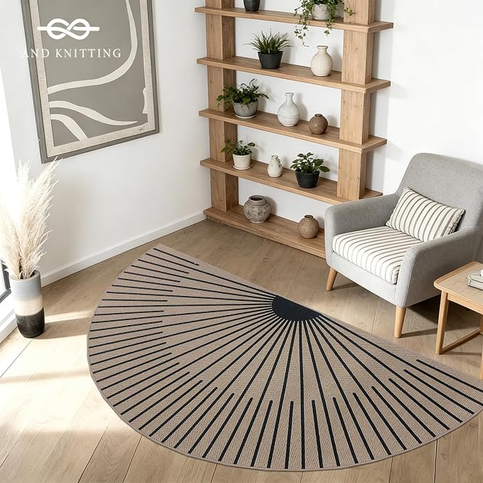 Easy Jute Rug 3x6Ft Half Circle Sunshine Doormat Neutral Faux Jute Indoor Outdoor Sun Carpet for Farmhouse Bedroom Entrance Balcony Kitchen Laundry Room, Nonslip, Half Round, Black 7