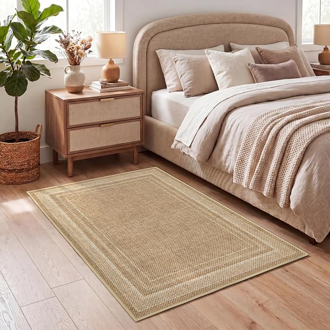 GarveeHome 2x3 Small Easy Jute Rug Washable Modern Solid Bedroom Rugs | Indoor Non Slip Living Room Throw Carpet Stain Resistant Neutral Door Mat for Entryway Nursery Kitchen Dorm Kids Room, Jute