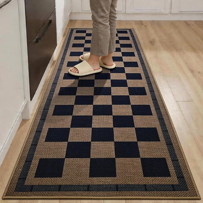 Vasofe 2x6 Jute Checkered Rugs, Outdoor Runner, Runner Carpet for Hallway | Washable PatPorch Balcony Runner Rug Indoor Bedroom Kitchen Laundry Mat, Non Slip Plaid Farmhouse Carpets, Navy and Brown