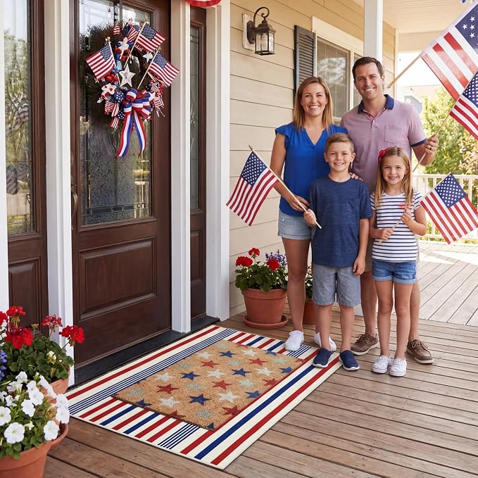 Moucuny 2 Pcs 4th of July Patriotic Coir Door Mat 24'' x 35'' Red Blue White Patriotic Outdoor Rug 16'' x 28'' Star Coir Doormat Non Slip Independence Day Welcome Doormat for Outside Porch Front Decor