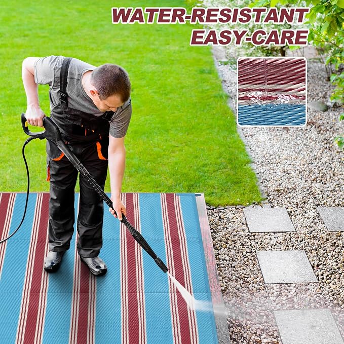 Lahome Striped Outdoor Carpet Plastic Straw Rug, Reversible Patriotic Outdoor Rug Waterproof 9x12 Rugs for Patio, RV Camping Picnic Mat for Beach Deck Backyard Balcony(Blue/Red,9'x 12')