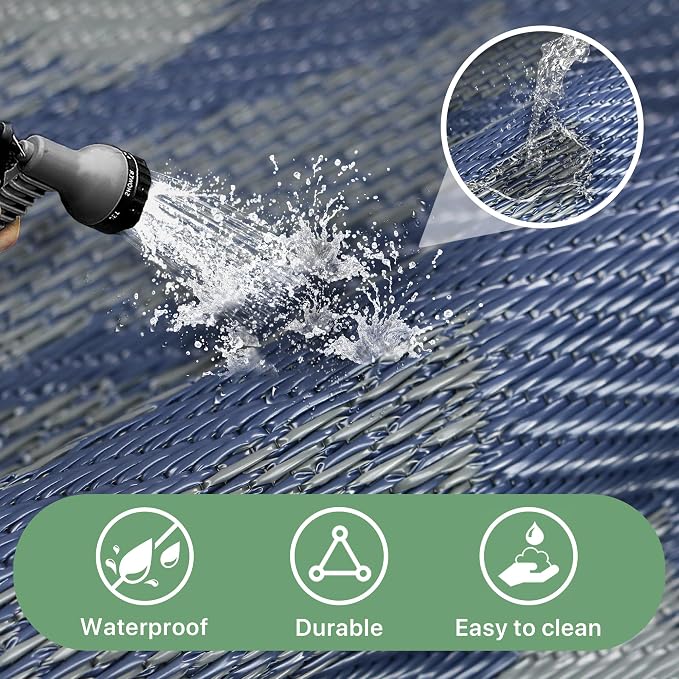 GENIMO Outdoor Rug, Waterproof Plastic Rugs for Patio, 8'x10' Blue Grey | Outside Larger Leaf Carpet Mat for Porch Decor, Deck, Balcony, Camping, RV, Backyard, Picnic, Beach, Reversible, Foldable