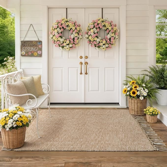 Collive 3' x 5' Indoor Outdoor Porch Rug, Modern Farmhouse Entryway Rug Boho Front Door Mat, Tan Hand-Woven Washable Kitchen Rugs for Patio Bedside Nursery Decor