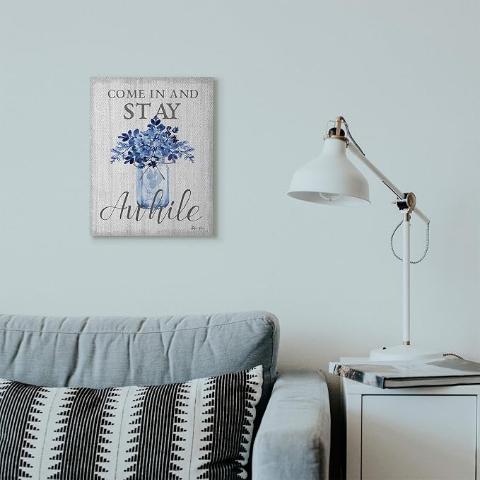 Stupell Industries Stay Awhile Blue Flower Jar Grey Word Design Canvas Wall Art, Multi-Color