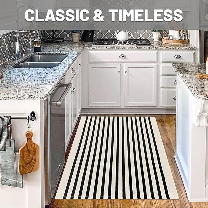 IOHOUZE Black Beige Striped Rug -3'x5' Front Door Rugs Outdoor, Washable Area Rug for Front Porch, Spring Summer Welcome Mats Outdoor Indoor, Doormat for Entryway Porch Entrance