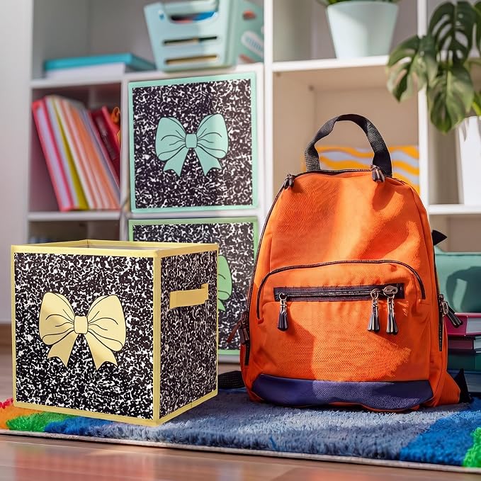 Kathfly 6 Pcs 11" Composition Notebook Fabric Classroom Storage Bins Pastel Bow Cubby Bins Storage Baskets with Handles for School Classroom Lost and Found Prize Office Home Organizer Supplies