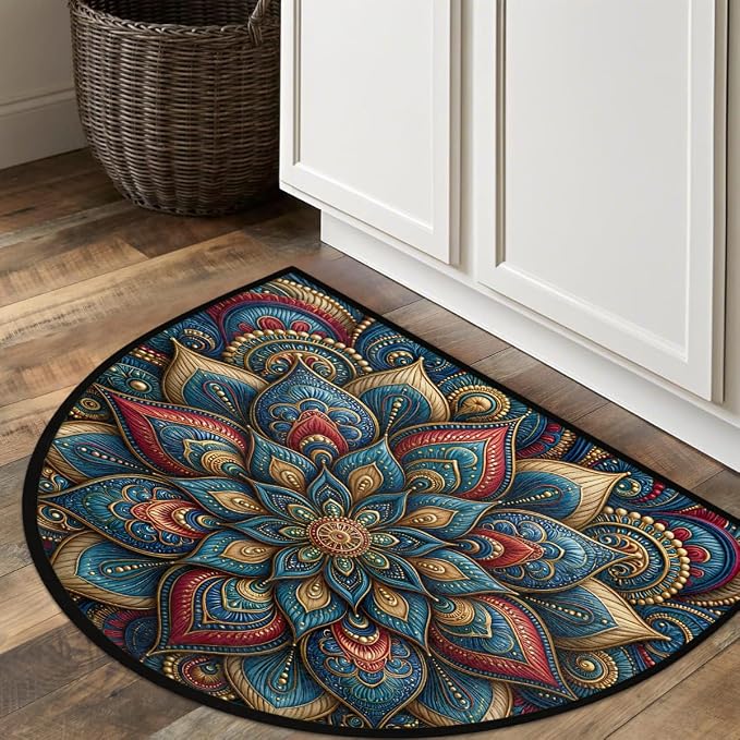 Mandala Half Round Door Mat Semi Moon Rug Fireplace Carpet Area Rugs | Floral Geometric Non Slip Absorbent Half Circle Mat Carpet for Indoor Outdoor Patio Kitchen Bathroom Entryway Home Decor