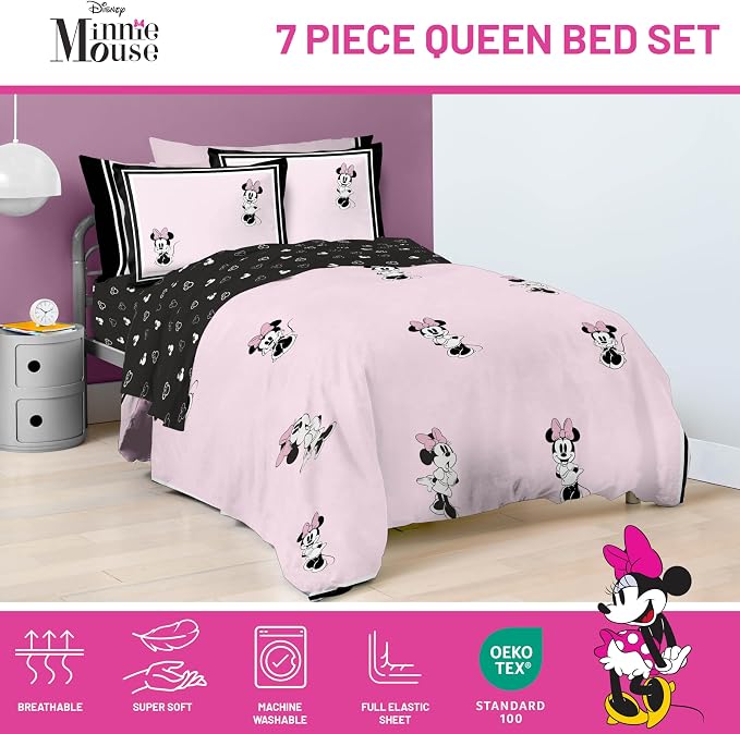 Jay Franco Kids Comforter Set Includes Sheets and Pillow Covers - Soft and Cozy Bed Set for Stylish Room Decor, Official Licensed Bedding, Multi - Minnie Mouse, 7 Piece Queen