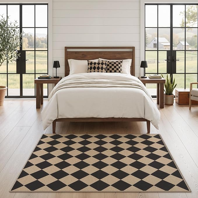 Tribesigns 3x5 Black Checkered Easy Jute Outdoor Patio Rugs for Porch | Washable, Non-Slip Diamond Rug for Front Door, Kitchen, Backyard, Entryway and Indoor Outdoor Spaces, Includes 4 Rug Grippers