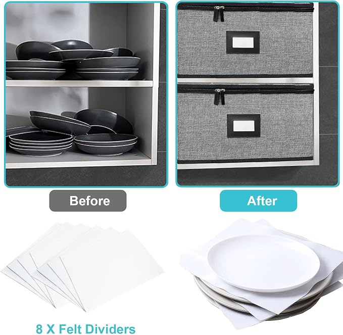 Quilted Platter Storage Case 2PACK-Fine China Storage Containers Hard Shell for Organizing,Stackable Plate Storage Containers with 8 Felt Dividers,dinnerware Storage,Moving Box,Moving Supplies | Stackable Plate Storage Containers with Hard Shell and 4 ...